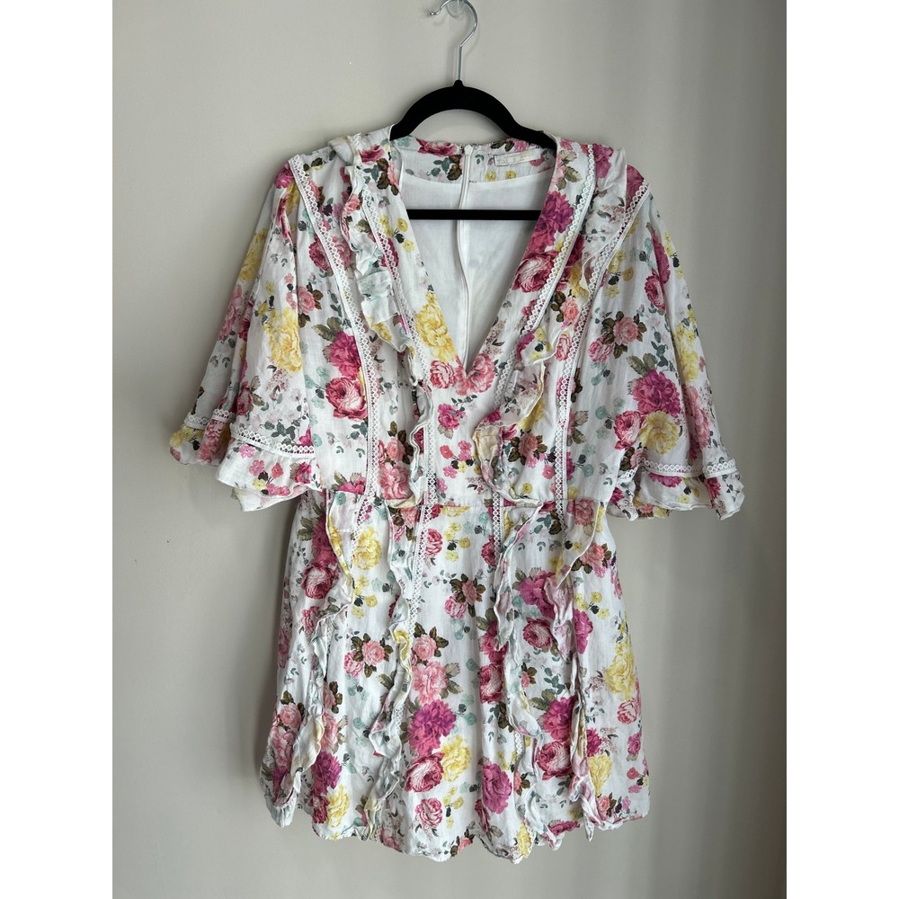 La Maison Talulah TeaTime Mini Dress Large Floral Ruffle Puff Sleeve Cottagecore - Picture 2 of 10